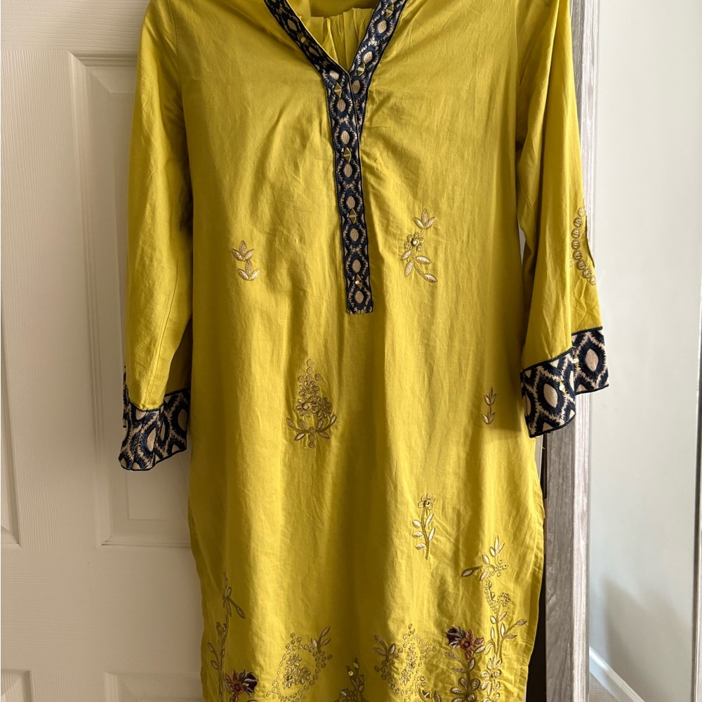 3 pc Embroidered Mustard Yellow Tunic Kurta and pants with Navy Trim